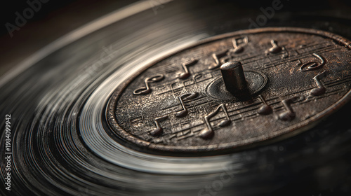 Rusty old coin surface with engraved roman numerals and spiral light reflections