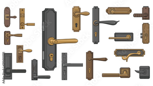Large collection of different metal and wooden door handles, locks, and knobs in various styles ranging from antique to modern designs.