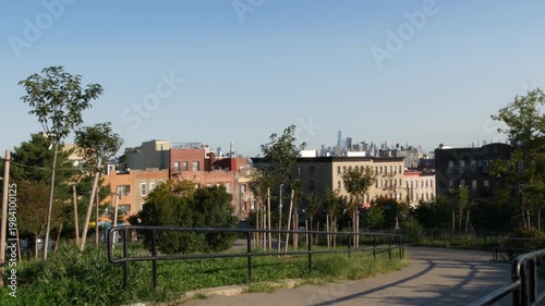 New York City Manhattan downtown financial district skyline, Brooklyn Sunset Park, United States of America. Urban cityscape with skyscraper buildings, World Trade Center from residential district