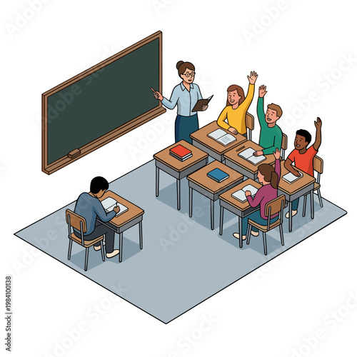 A teacher stands beside a blackboard while students sit at desks and raise their hands in a classroom setting.