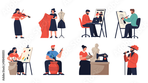 Diverse people engaged in various creative hobbies and professions like painting, sewing, singing, sculpting, and playing musical instruments.