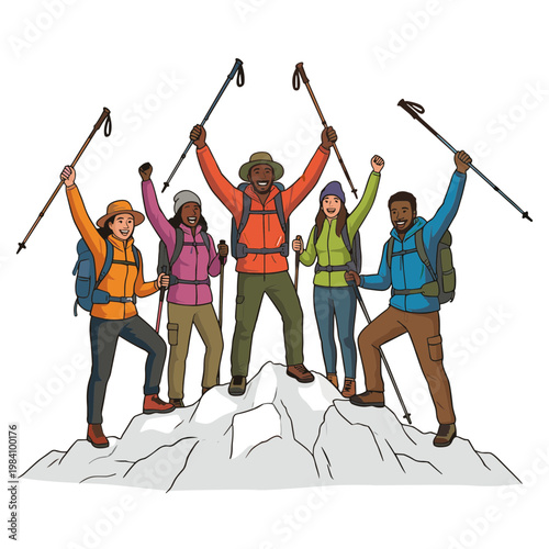 Group of friends celebrating reaching the summit of a mountain with hiking poles