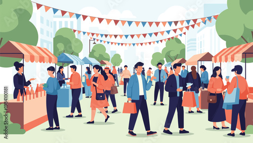 Crowded outdoor town market with colorful stalls, people shopping, and decorative bunting hanging above.