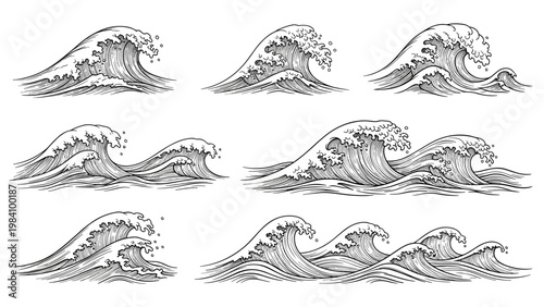Collection of detailed black and white sketches showing different shapes and movements of ocean waves.