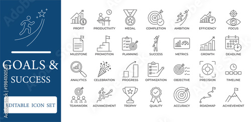 Goals and Success Linear Icons. Featuring target, achievement, career growth, and business progress symbols. Editable outline vector set for productivity apps and corporate reports