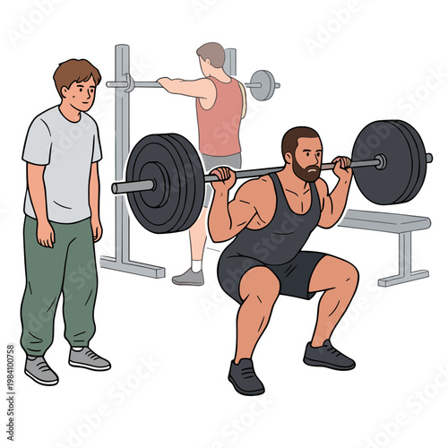 Man doing squats with weights while others workout around him in gym