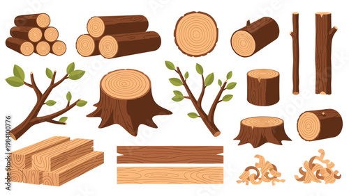 Collection of various wooden logs, tree stumps, green branches, and timber planks for carpentry and woodworking projects.