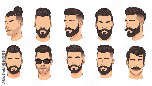 Various modern male hairstyles and beard styles illustrated on faceless head silhouettes, including top knots and fades.