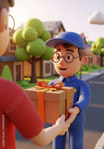 Delivery man handing a gift box to a customer in a suburban neighborhood, 3D character illustration