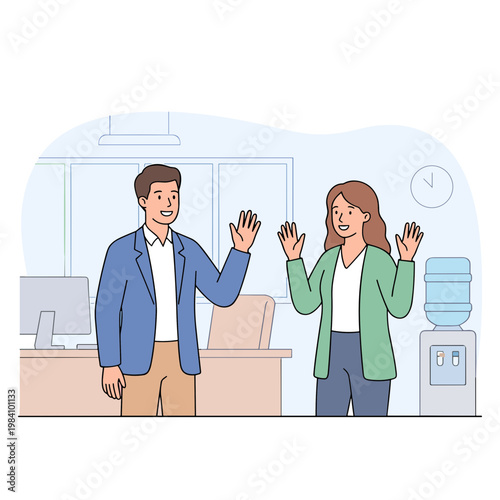 Man and woman waving in office with computer and water cooler