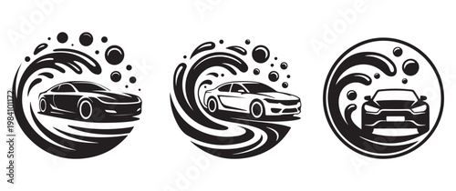 Three circular emblems showcase sporty cars emerging from swirling water waves a bold silhouette high quality