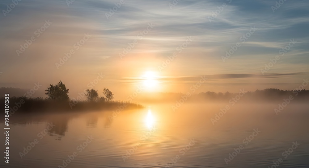 Fototapeta premium Misty Sunrise Over Water - A Serene Landscape Reflection.
