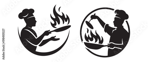 Two black silhouettes of chefs cooking with flames and kitchen tools showcasing culinary artistry silhouette