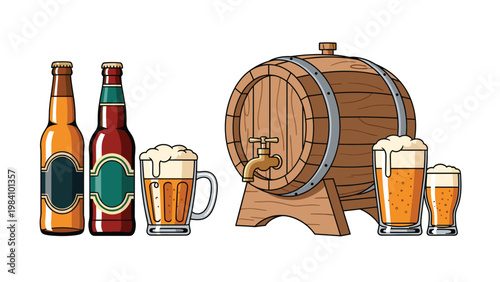 Selection of beer beverages including bottles, foaming mugs, and a wooden keg with a tap for brewery or pub themes.