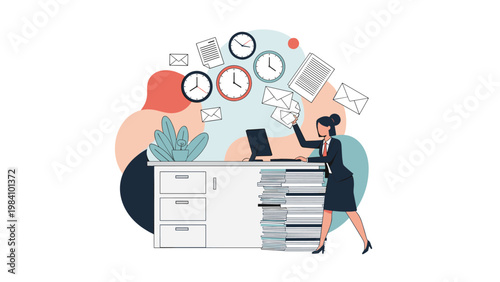 Office worker feeling overwhelmed by a massive pile of paperwork and multiple clocks, depicting stress and time management.