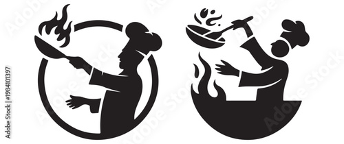 Two black silhouettes of chefs cooking with flames showcasing culinary skill and passion silhouette high quality