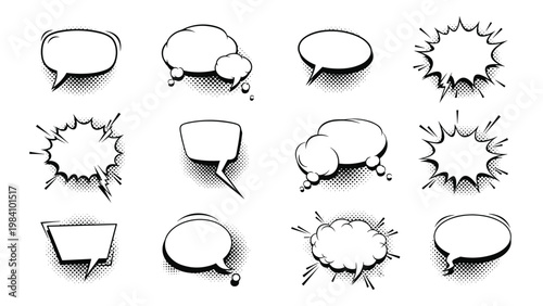 Collection of comic book speech bubbles with halftone shadows and action shapes for graphic storytelling and pop art.
