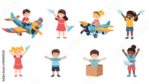 Group of happy children playing with paper planes and toy airplanes, showcasing imagination and childhood fun in flat style.
