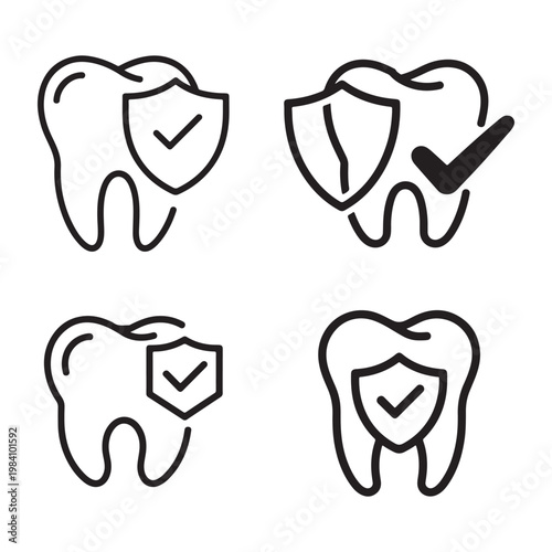 Four tooth icons with shield and checkmark symbols illustrating dental protection a graphic silhouette high quality