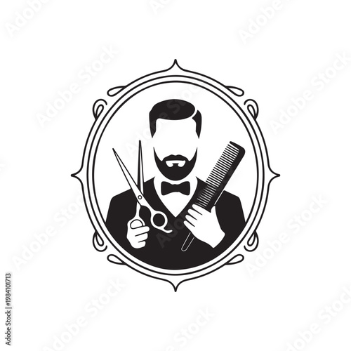 A classic barbershop emblem featuring a bearded man with tools presented as a silhouette high quality