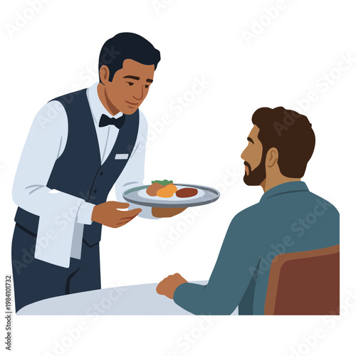 Waiter serving food to a customer at a restaurant table indoors
