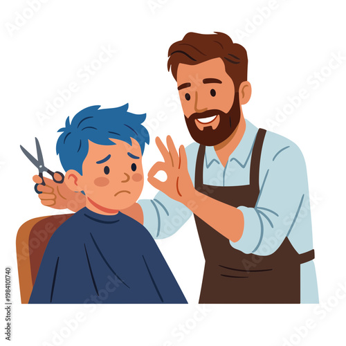 A barber gives a young boy a haircut with scissors and a smile