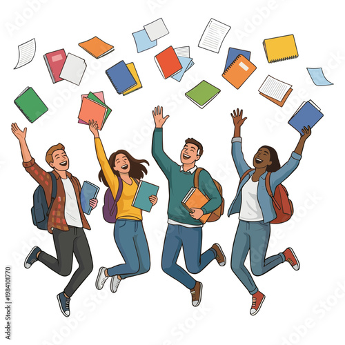 Four diverse students jumping and tossing books in the air happily outdoors