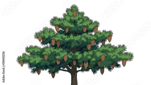 Detailed illustration of a green pine tree with needles and many brown pine cones, isolated on a white background.