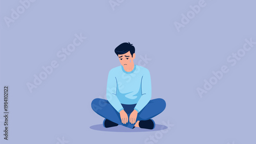 Sad man sits cross legged on the floor while crying and feeling lonely against a simple blue background in flat design.