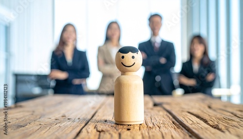 A smiling wooden figurine stands in focus before three blurred figures, symbolizing individuality, teamwork, and leadership within a group.