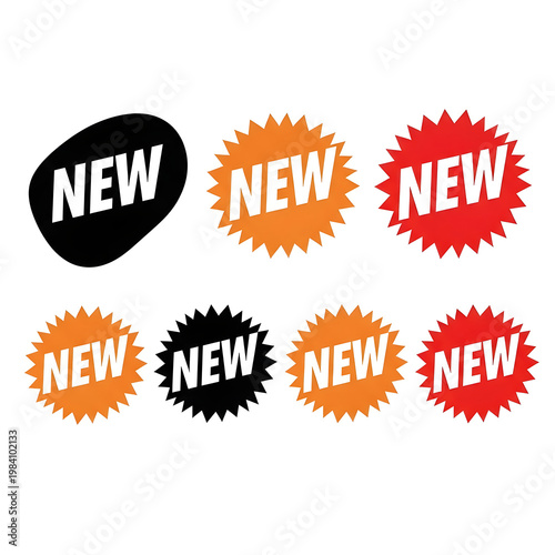 New labels starburst and oval shapes black orange red
