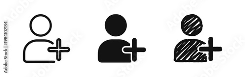 Add user person icon set with plus sign in outline solid and sketch styles
