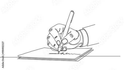 Continuous line drawing style captures a hand holding a pen while writing on a piece of paper on a flat surface.