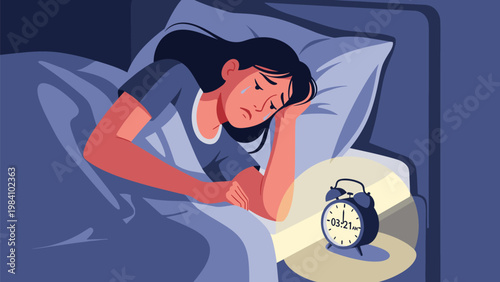 Stressed woman lies in bed crying while looking at the alarm clock during late night hours suggesting insomnia or emotional distress.