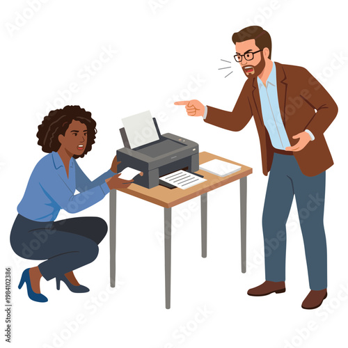 Man pointing at woman fixing office printer on table