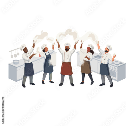 Chefs celebrate cooking success in a busy kitchen with colleagues