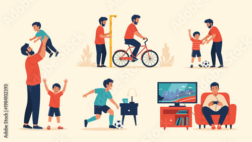 Father and son bonding moments are illustrated through various activities like cycling, playing soccer, and measuring height in a flat style.