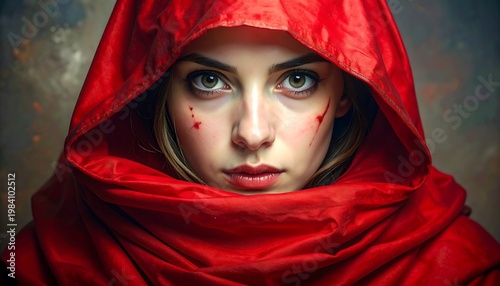 A woman wears a red hooded cloak, staring intensely