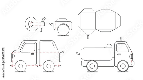 Toy truck design blueprint includes flat net patterns and assembly instructions shown in a technical line drawing format for DIY enthusiasts.