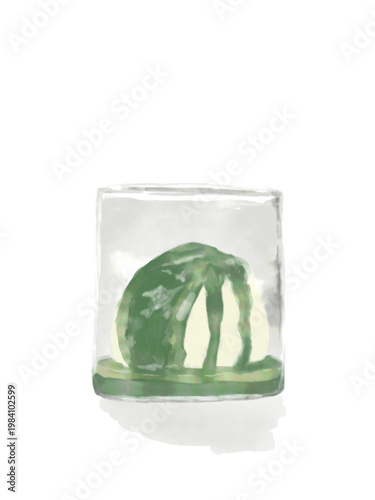 Watercolor Illustration of Matcha Green Tea Ice Cream in a Glass Isolated on Transparent Background