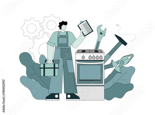 Repairman and gas stove concept. A home appliance repairman shows a list of completed tasks