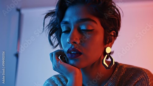 Young Woman With Short Hair Posing With Hand on Chin Under Neon Lights, Close Up