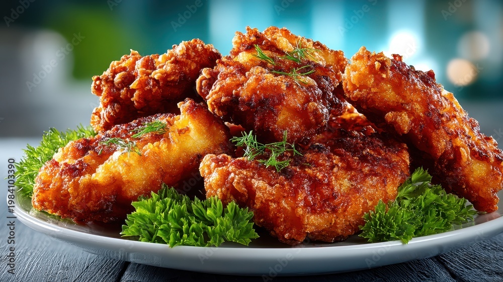 Fototapeta premium Crispy Fried Chicken Pieces Resting on a White Plate Surrounded by Fresh Green Parsley Garnish in a Brightly Lit Dining Setting