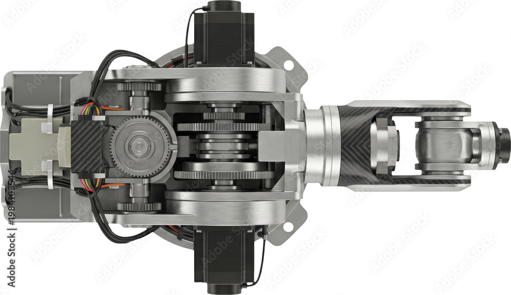 Fototapeta premium Industrial robotic arm joint with gears isolated on transparent background