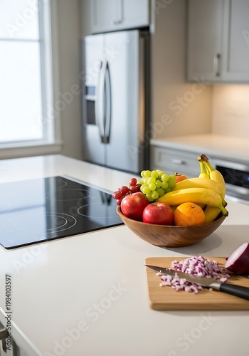Modern Kitchen Countertop with Fruit Bowl and Chopped Onions.
