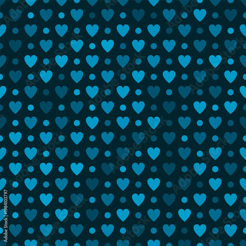 Denim blue seamless pattern featuring stylized light blue heart shapes