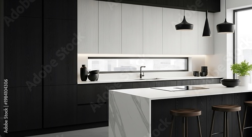 Modern Kitchen Design with Black and White Accents and Island.