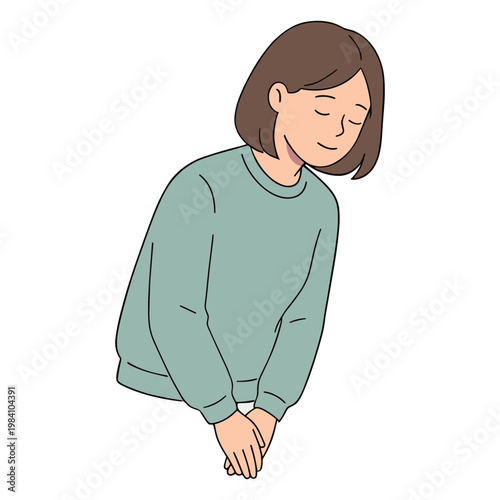 A woman wearing a green sweater is bowing her head in shame or embarrassment.
