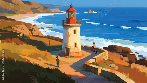 Illustration Of People Playing In The Old Lighthouse Area Vector Design Template