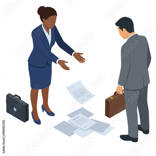 Businesswoman and businessman interact with scattered paperwork on the floor.